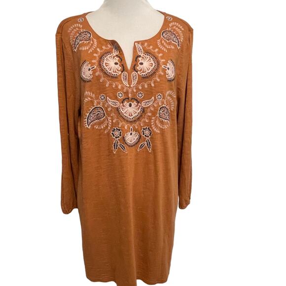 J. Jill Embroidered Tunic Womens Medium Toffee Boho Fall Paisley Floral Knit Top - Picture 1 of 8
